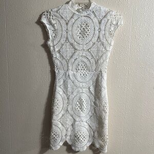 Hot Miami Styles Cream Mini Dress with Mock Neck and Flutter Sleeves